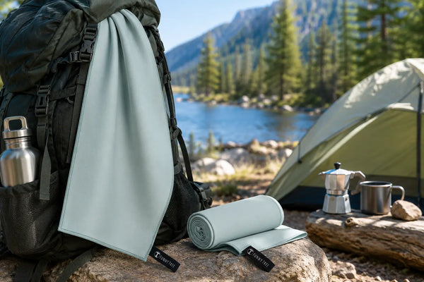Kompaktes Mikrofaser-Handtuch hängt zum Trocknen am Rucksack beim Camping