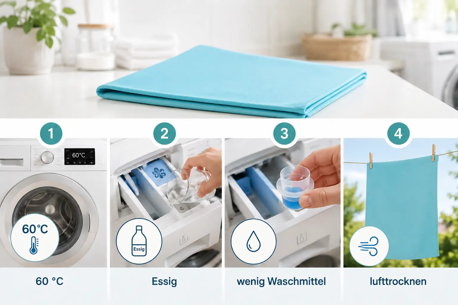 Wassertropfen auf einem Mikrofaser-Handtuch zeigen, ob die Saugkraft noch intakt ist