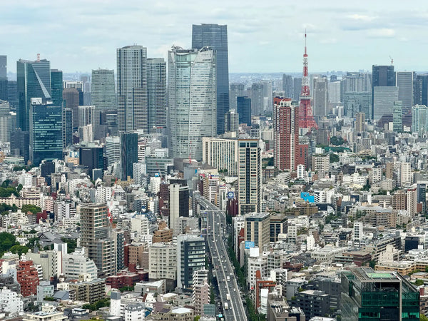 Luftaufnahme von Tokio mit Blick auf den Tokyo Tower inmitten der dichten Skyline – eine der bekanntesten Tokio Sehenswürdigkeiten